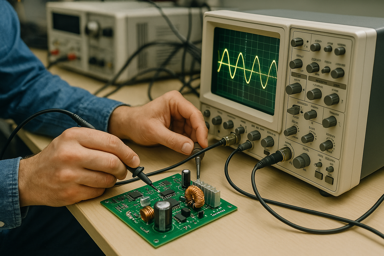 Laboratuvarda elektronik devre üzerinde çalışan bir mühendis