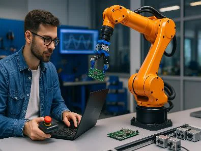 Robot koluyla çalışan bir mühendis